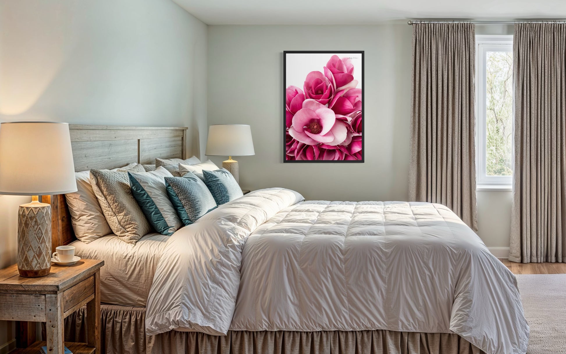 A black framed photographic fine art print of pink magnolia flowers set on a white background. The artwork is hung on a wall in a bedroom. 