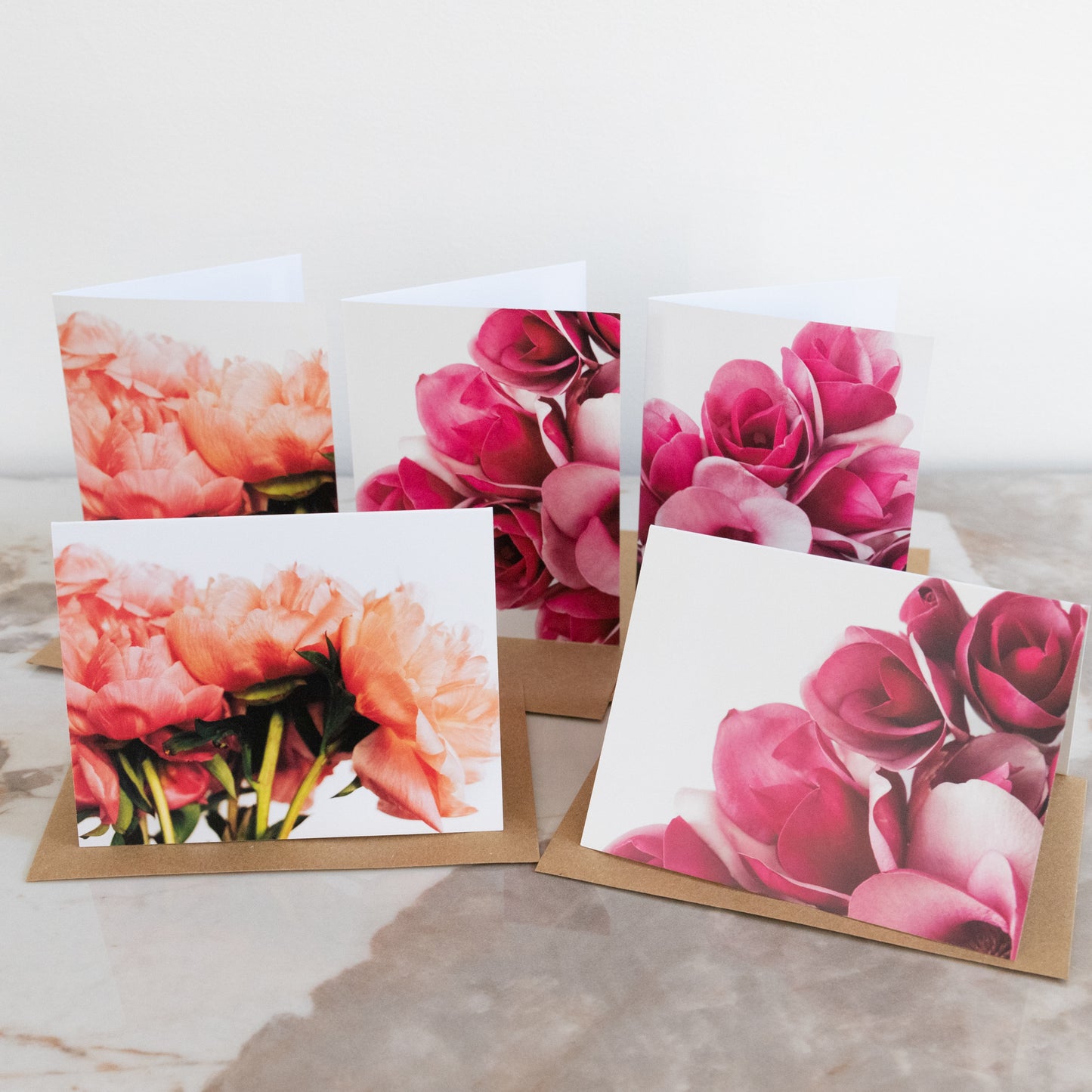 Set of five cards with original colourful fine art photography prints of peony and magnolia flowers. 